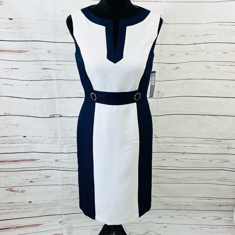 Tahari Asl Dress Women's 4 Blue/White Sheath Sleeveless Colorblock